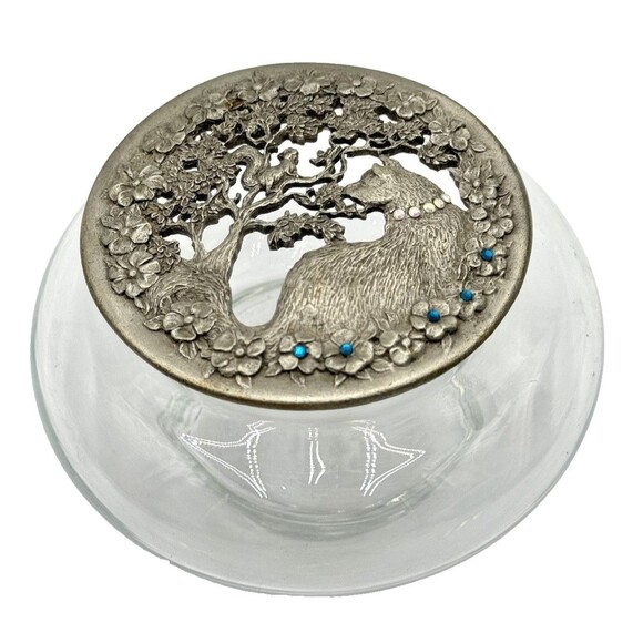 Vintage Glass Vanity Jar Pewter Squirrel / Tree & Cat w Rhinestone Accents Lid - Picture 1 of 9